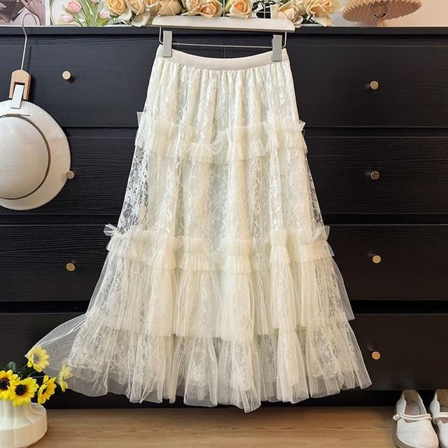 High Waist Mesh Panel Ruffle Trim Lace Midi A-Line Skirt
