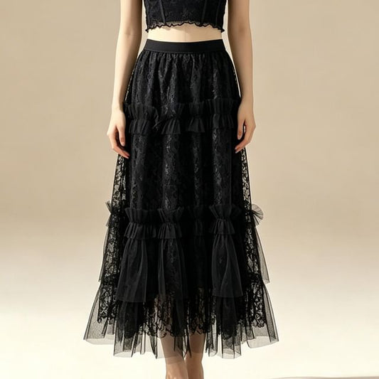 High Waist Mesh Panel Ruffle Trim Lace Midi A-Line Skirt