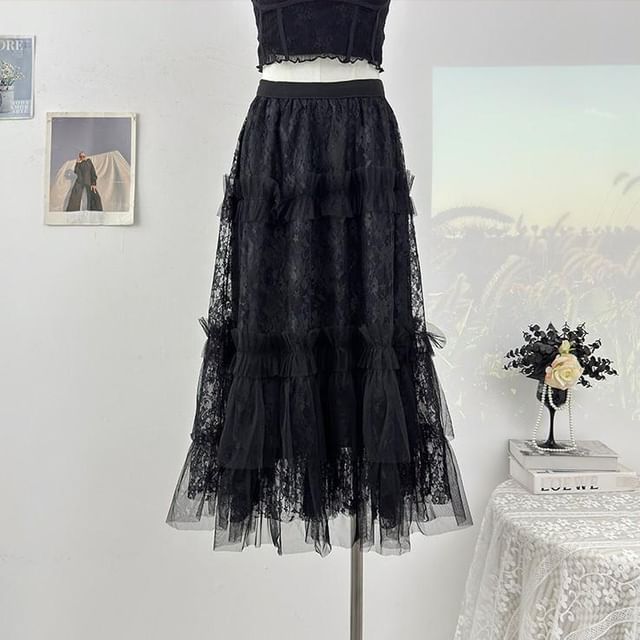 High Waist Mesh Panel Ruffle Trim Lace Midi A-Line Skirt