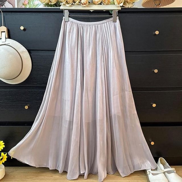 High Waist Plain Sheer Maxi A-Line Skirt