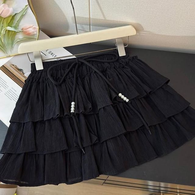 Drawstring Waist Plain Tiered Ruffle Mini A-Line Skirt