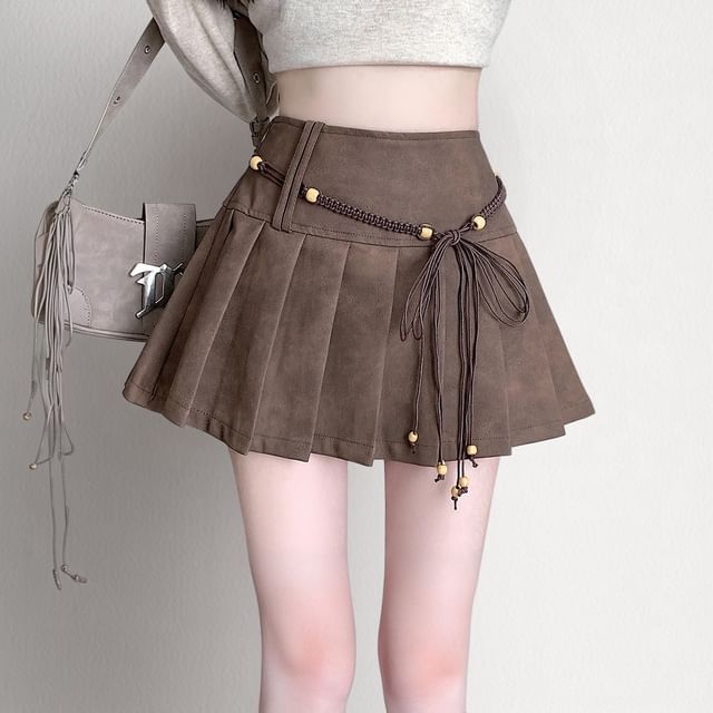 High Waist Plain Faux Suede Mini Pleated Skirt