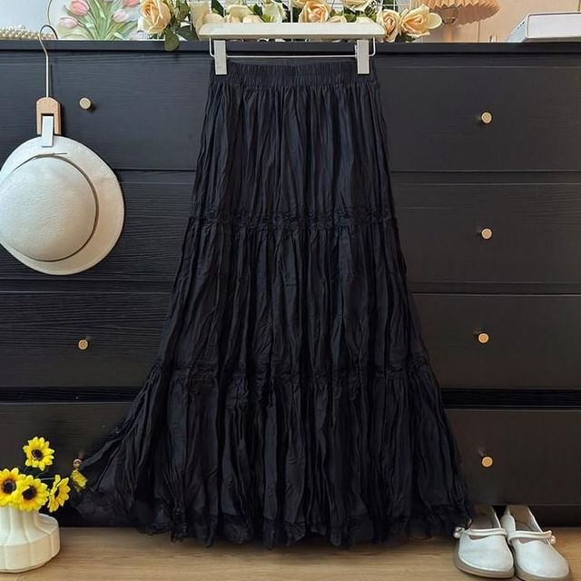 Mid Waist Lace Trim Maxi A-Line Skirt
