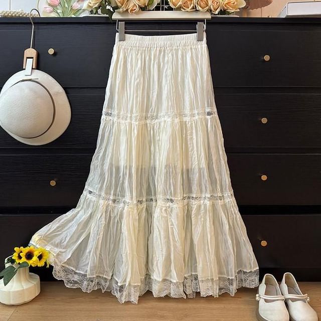 Mid Waist Lace Trim Maxi A-Line Skirt