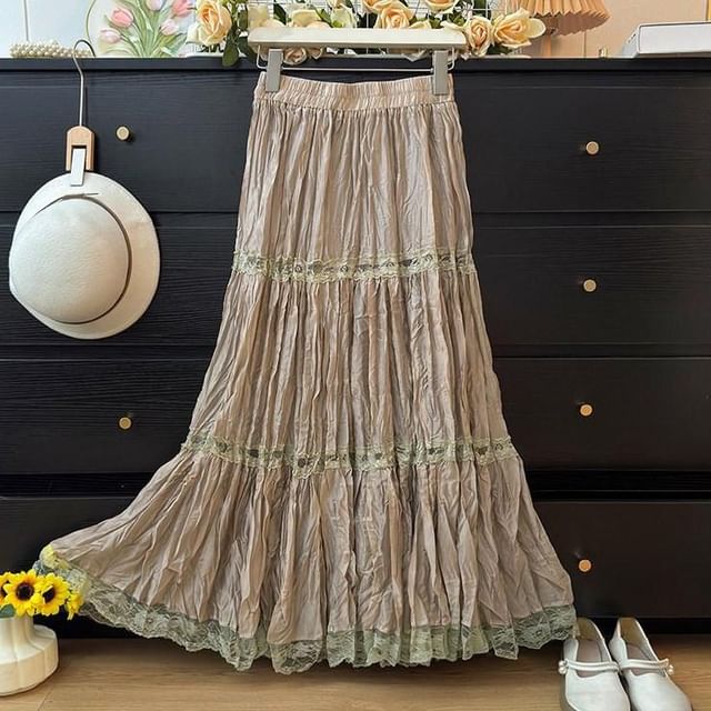Mid Waist Lace Trim Maxi A-Line Skirt