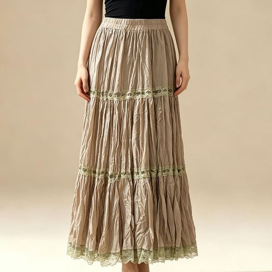 Mid Waist Lace Trim Maxi A-Line Skirt