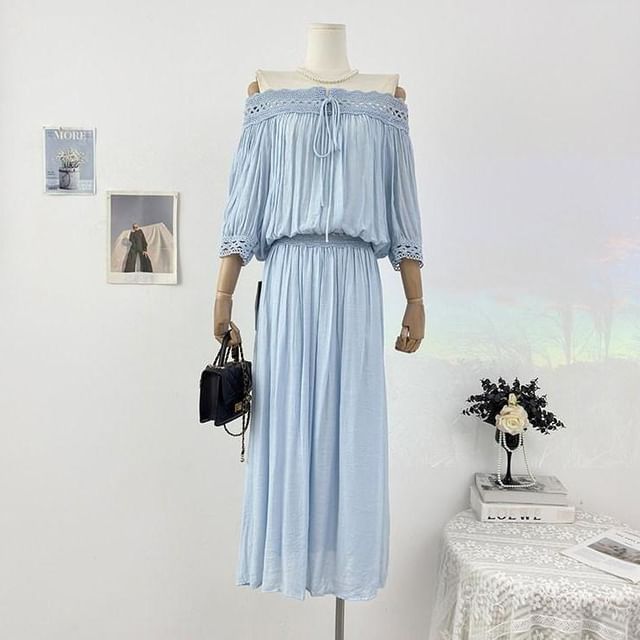 Set: Long-Sleeve Off Shoulder Perforated Blouse + High Waist Midi Skirt