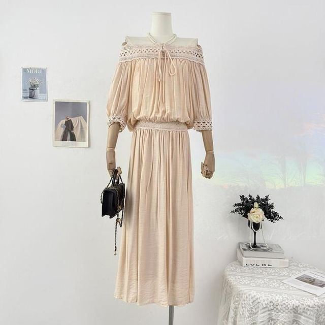 Set: Long-Sleeve Off Shoulder Perforated Blouse + High Waist Midi Skirt
