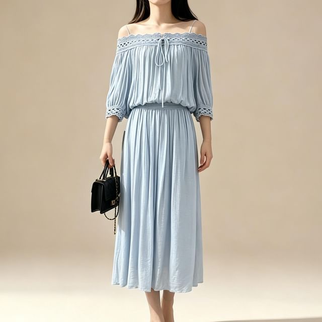 Set: Long-Sleeve Off Shoulder Perforated Blouse + High Waist Midi Skirt