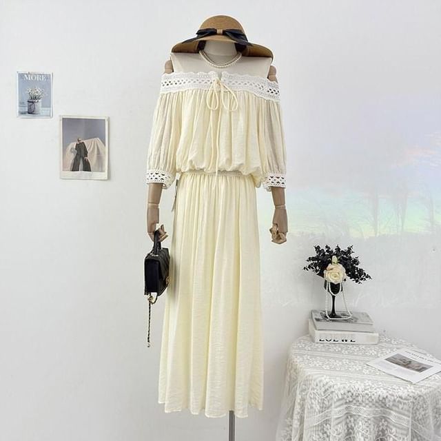 Set: Long-Sleeve Off Shoulder Perforated Blouse + High Waist Midi Skirt