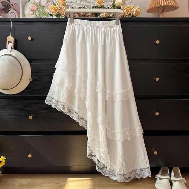 Mid Waist Asymmetrical Lace Trim A-Line Skirt