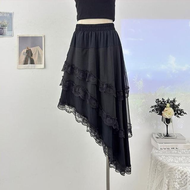 Mid Waist Asymmetrical Lace Trim A-Line Skirt