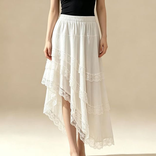 Mid Waist Asymmetrical Lace Trim A-Line Skirt