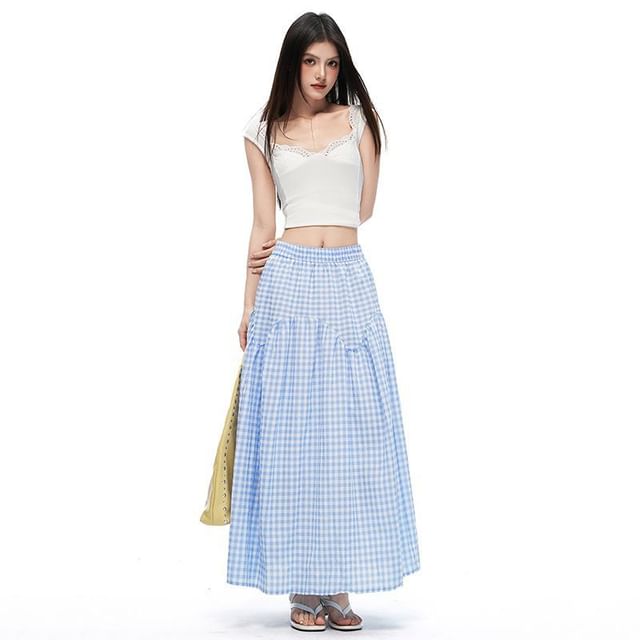 Mid Rise Gingham Maxi A-Line Skirt