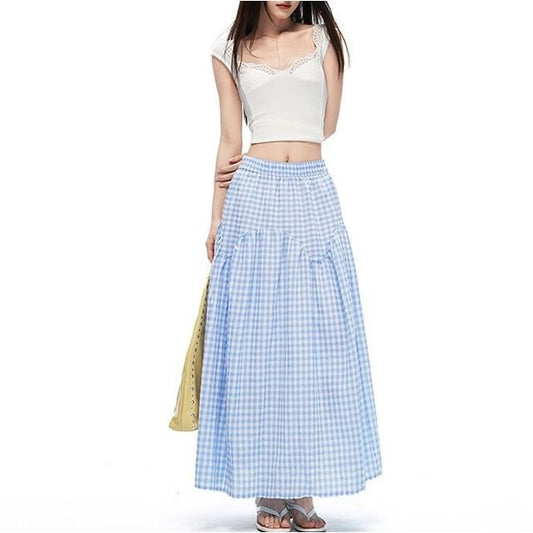 Mid Rise Gingham Maxi A-Line Skirt