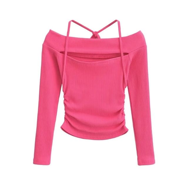 Long Sleeve Halter Neck Crop Knit Top
