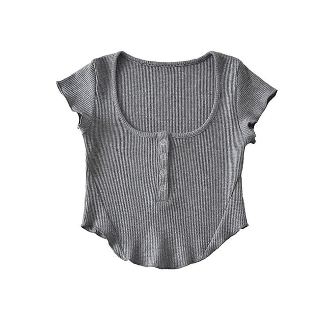 Cap Sleeve Henley Crop Top with Scoop Neck
