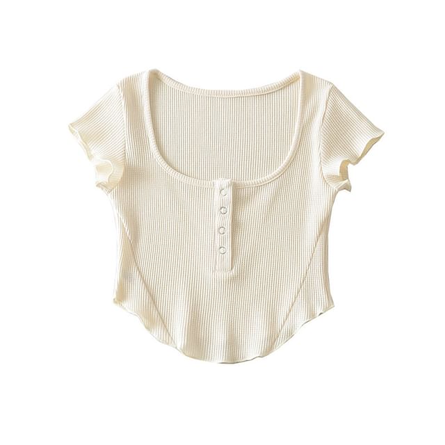 Cap Sleeve Henley Crop Top with Scoop Neck