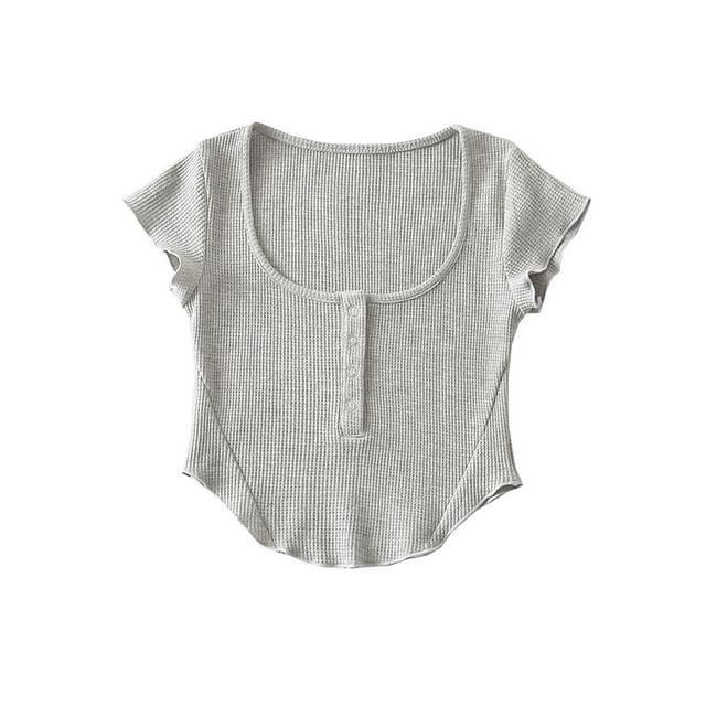 Cap Sleeve Henley Crop Top with Scoop Neck