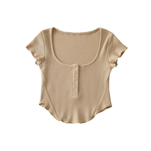 Cap Sleeve Henley Crop Top with Scoop Neck