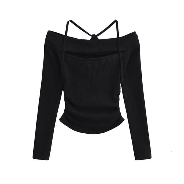 Long Sleeve Halter Neck Crop Knit Top