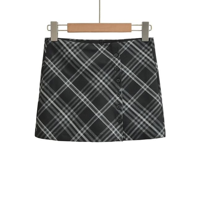 High Waist Button Up Mini A-Line Skirt