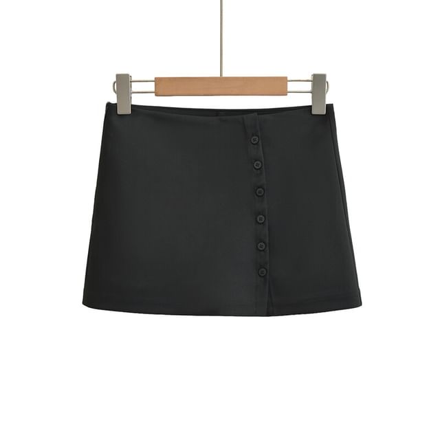 High Waist Button Up Mini A-Line Skirt
