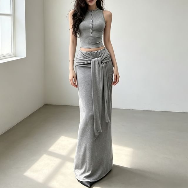 Mock Neck Half-Buttoned Plain Crop Tank Top / High Waist Maxi Mermaid Skirt