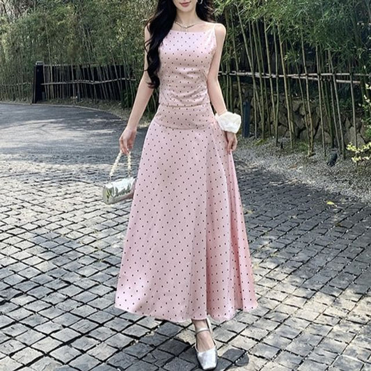Polka Dot Open Back Slim Fit Crop Camisole Top / High Waist Maxi A-Line Skirt / Set