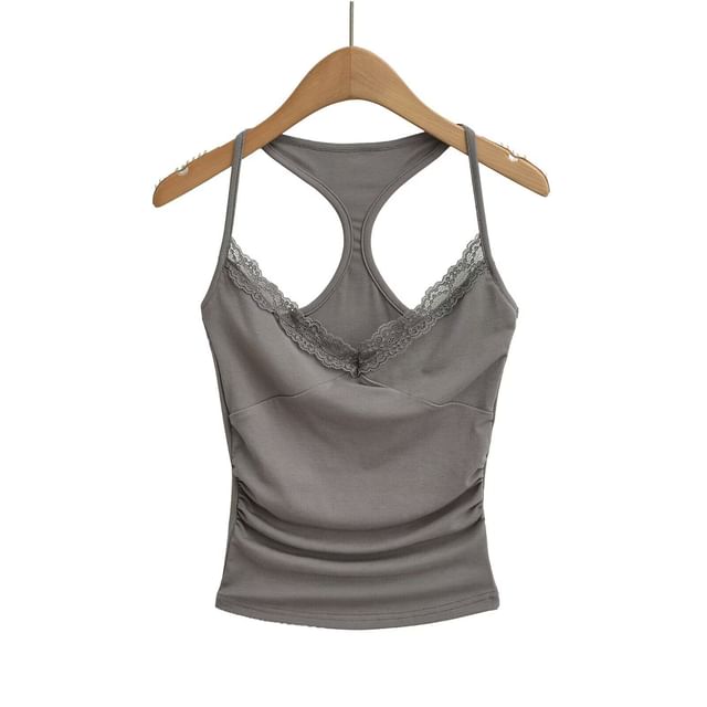 Spaghetti Strap Scoop Neck Plain Lace Trim Camisole Top