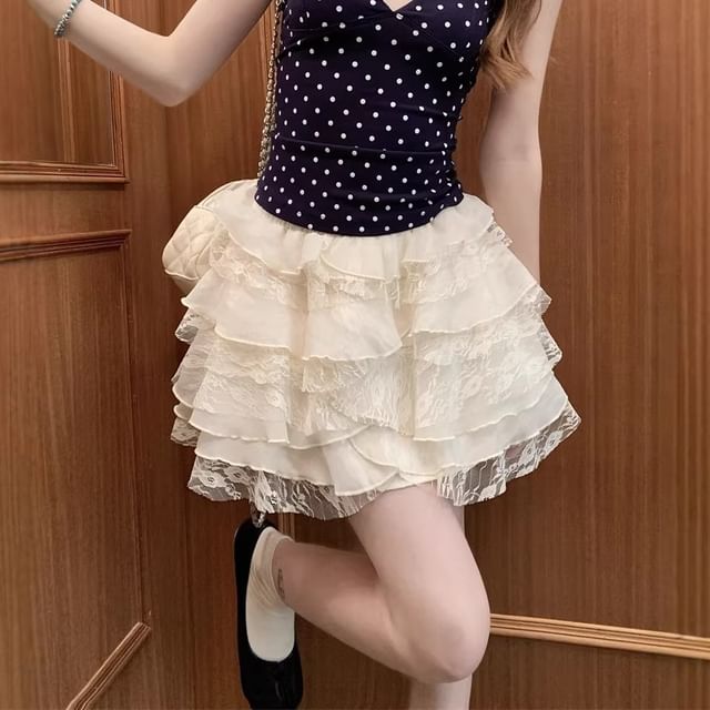 High Waist Lace Panel Tiered Ruffle Mini A-Line Skirt