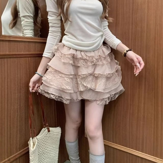 High Waist Lace Panel Tiered Ruffle Mini A-Line Skirt