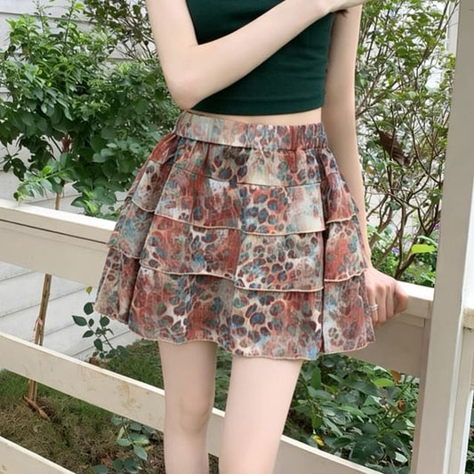 High Waist Leopard Print Tiered Ruffle Mini A-Line Skirt