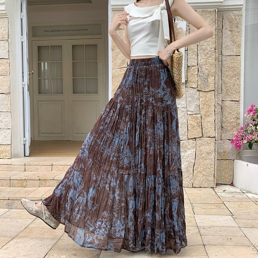 High Waist Tie Dye Crinkle Maxi A-Line Skirt