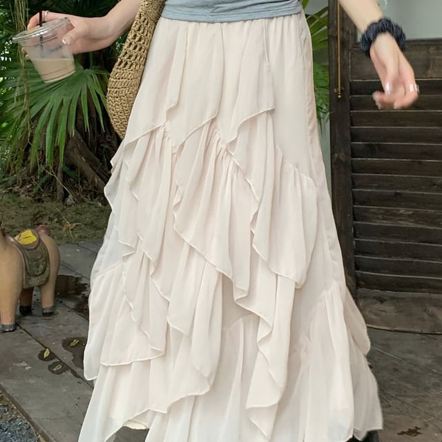 High Waist Plain Asymmetrical Ruffle Trim Maxi A-Line Skirt