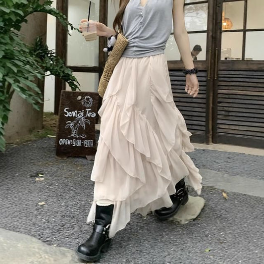 High Waist Plain Asymmetrical Ruffle Trim Maxi A-Line Skirt