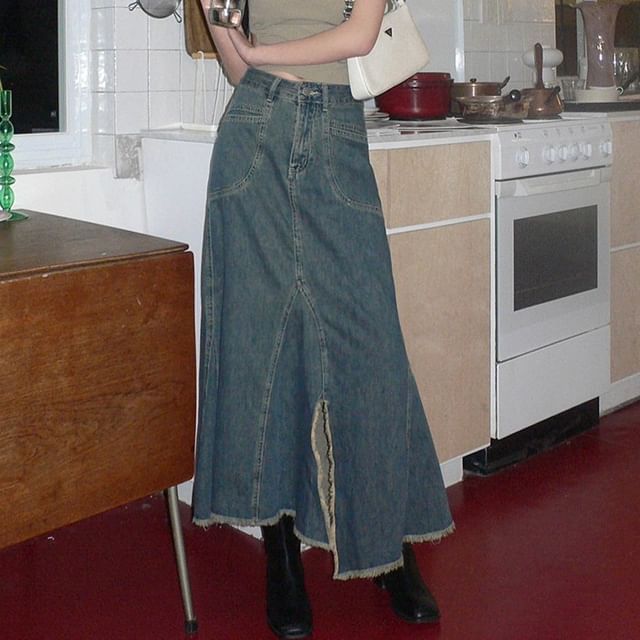 Crew Neck Plain Cutout Crop Tank Top / High Waist Asymmetrical Frayed Slit Denim Midi Mermaid Skirt