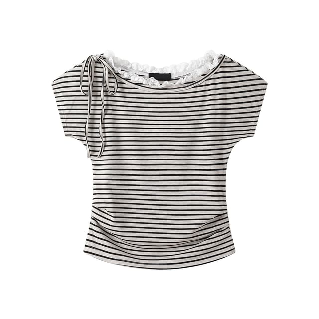 Short-Sleeve Boat Neck Striped Lace Trim Ruched Crop T-Shirt