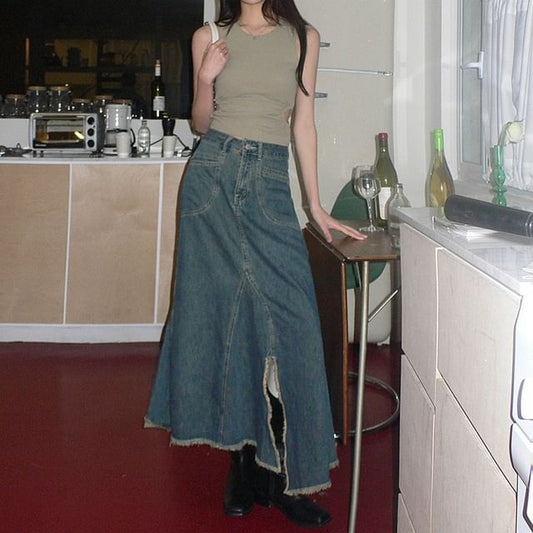 Crew Neck Plain Cutout Crop Tank Top / High Waist Asymmetrical Frayed Slit Denim Midi Mermaid Skirt