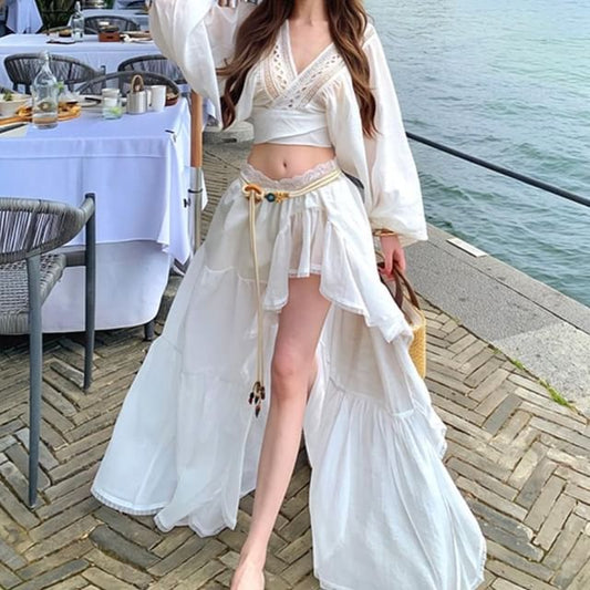 Long-Sleeve V-Neck Crop Tunic / Mid Waist Maxi A-Line Skirt / Belt / Set