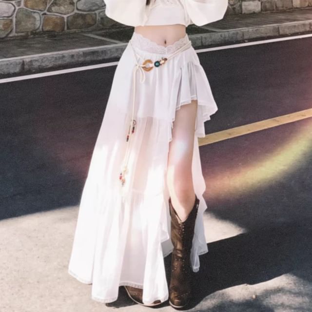Long-Sleeve V-Neck Crop Tunic / Mid Waist Maxi A-Line Skirt / Belt / Set