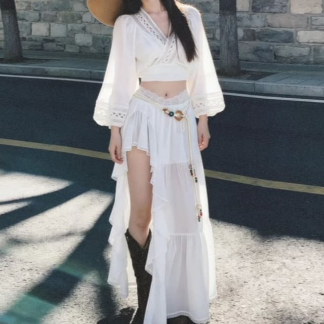 Long-Sleeve V-Neck Crop Tunic / Mid Waist Maxi A-Line Skirt / Belt / Set
