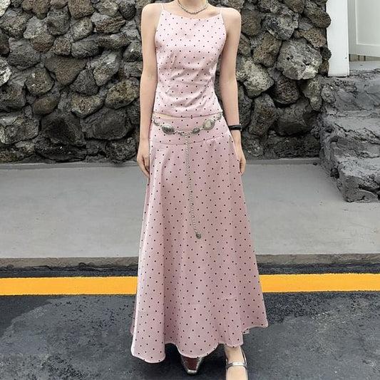 Sleeveless Dotted Top / Low Waist Maxi A-Line Skirt