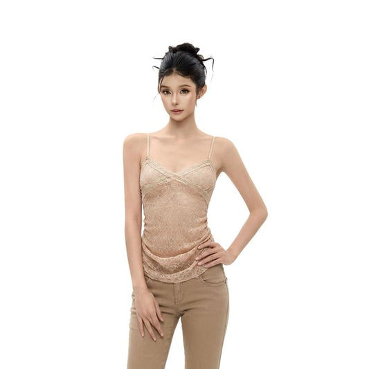 V-Neck Ruched Lace Slim Fit Crop Camisole Top