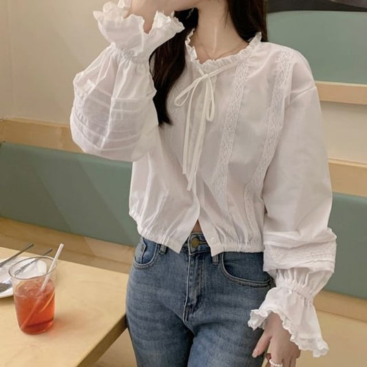 Long-Sleeve Stand Collar Lace Panel Button-Up Crop Blouse