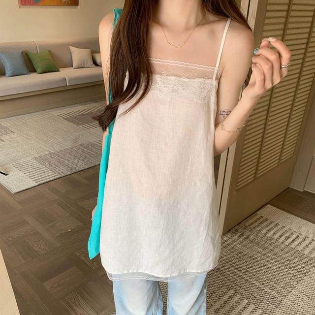 Spaghetti Strap Lace Panel Slit Tunic