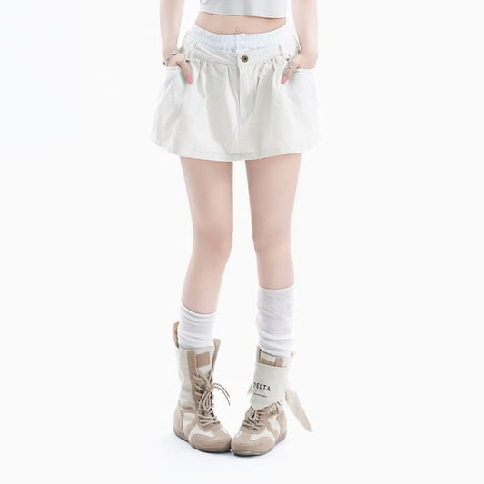High Waist Double Waist Plain Mini A-Line Skirt