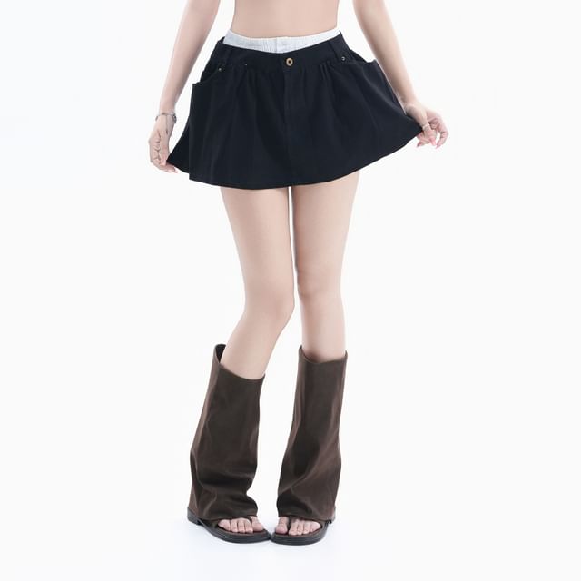 High Waist Double Waist Plain Mini A-Line Skirt