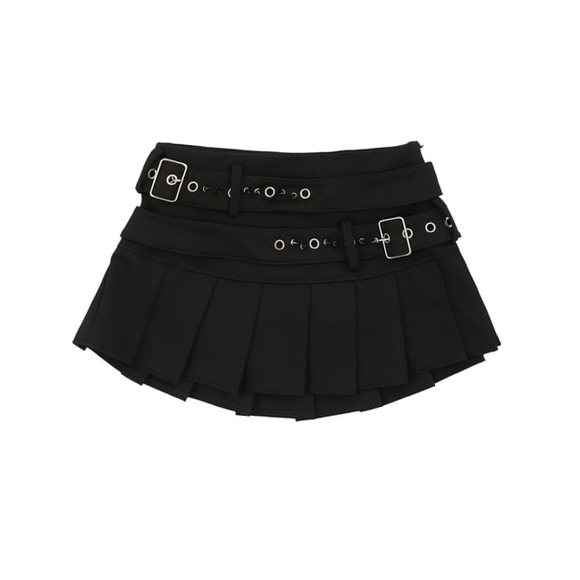 Mid Rise Belted Mini Pleated Skirt
