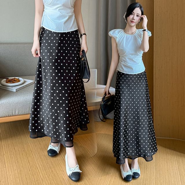 Mid Rise Dotted Slit Maxi A-Line Skirt